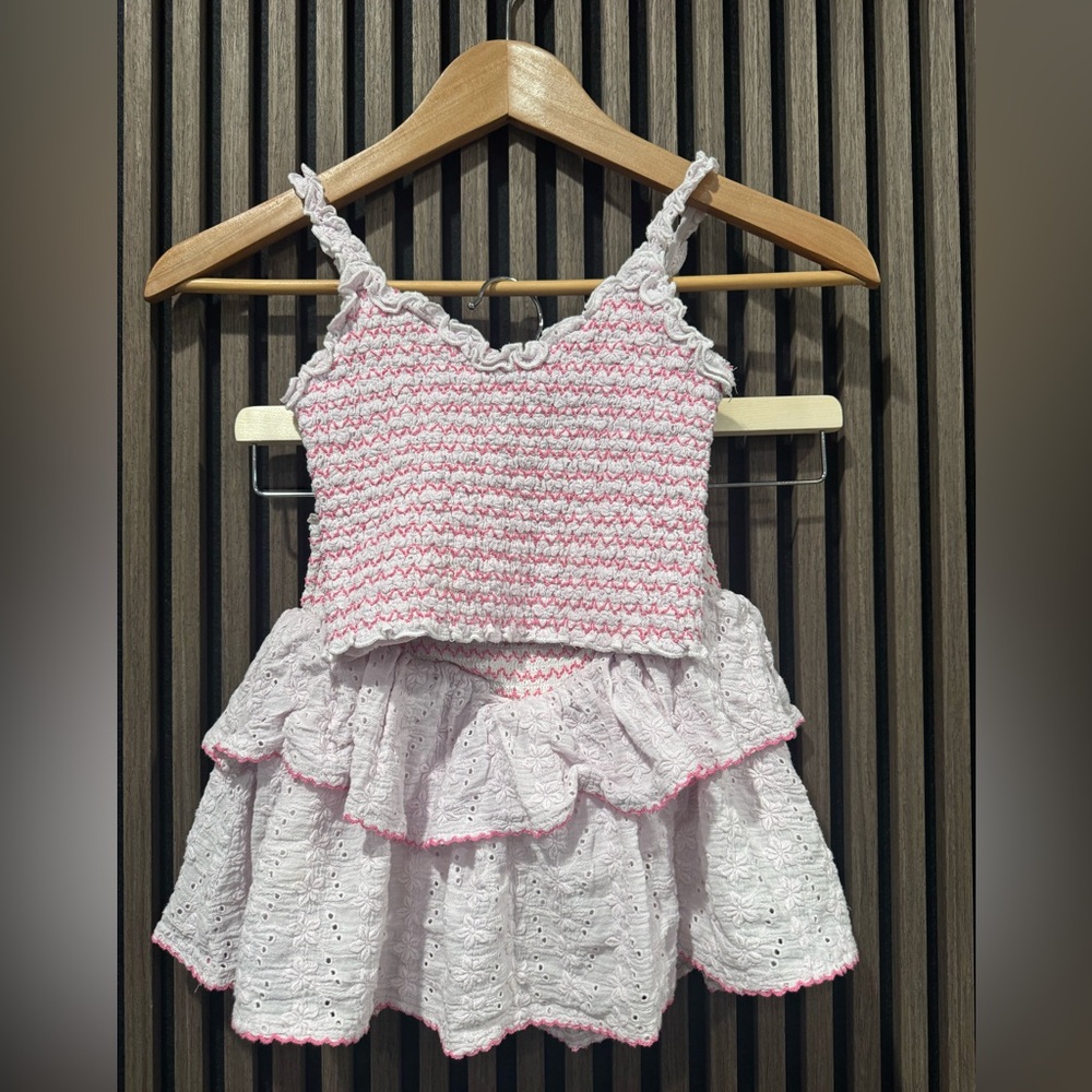 Katie J NYC size M Pink & White Smocked Tank Top and Ruffle Skirt Set